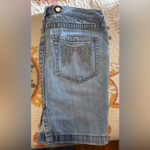 Free People Light Blue Denim Mini Skirt Embroidered Wings on Back Pockets 25